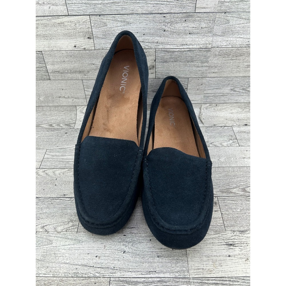 Vionic Debbie Women Size 12‎ Wide Navy Blue Suede Orthotic Slip On Loafers Shoes